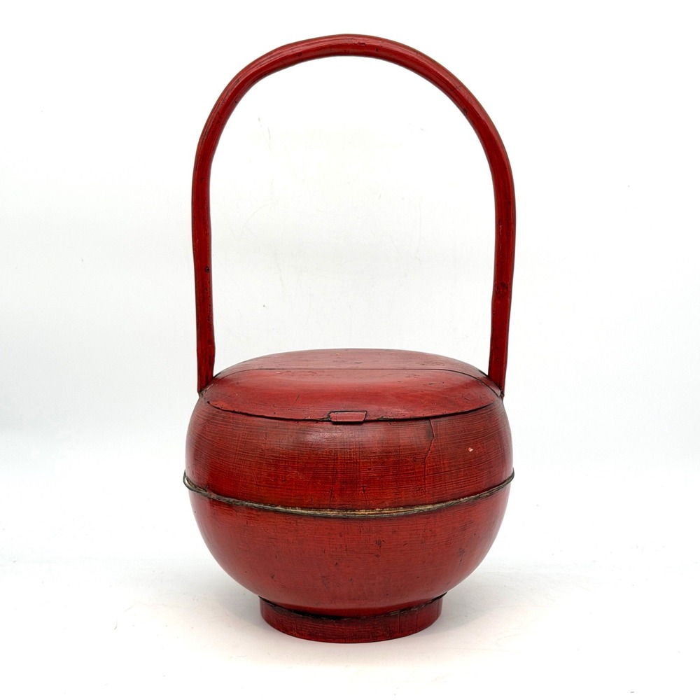 Antique Chinese Red Lacquer Wedding Basket Wood Handle Floral Bottom 16x9x9
